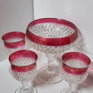 Vintage Indiana Glass Compote Diamond Point & Red Flash Pedistal Dish & Goblets
